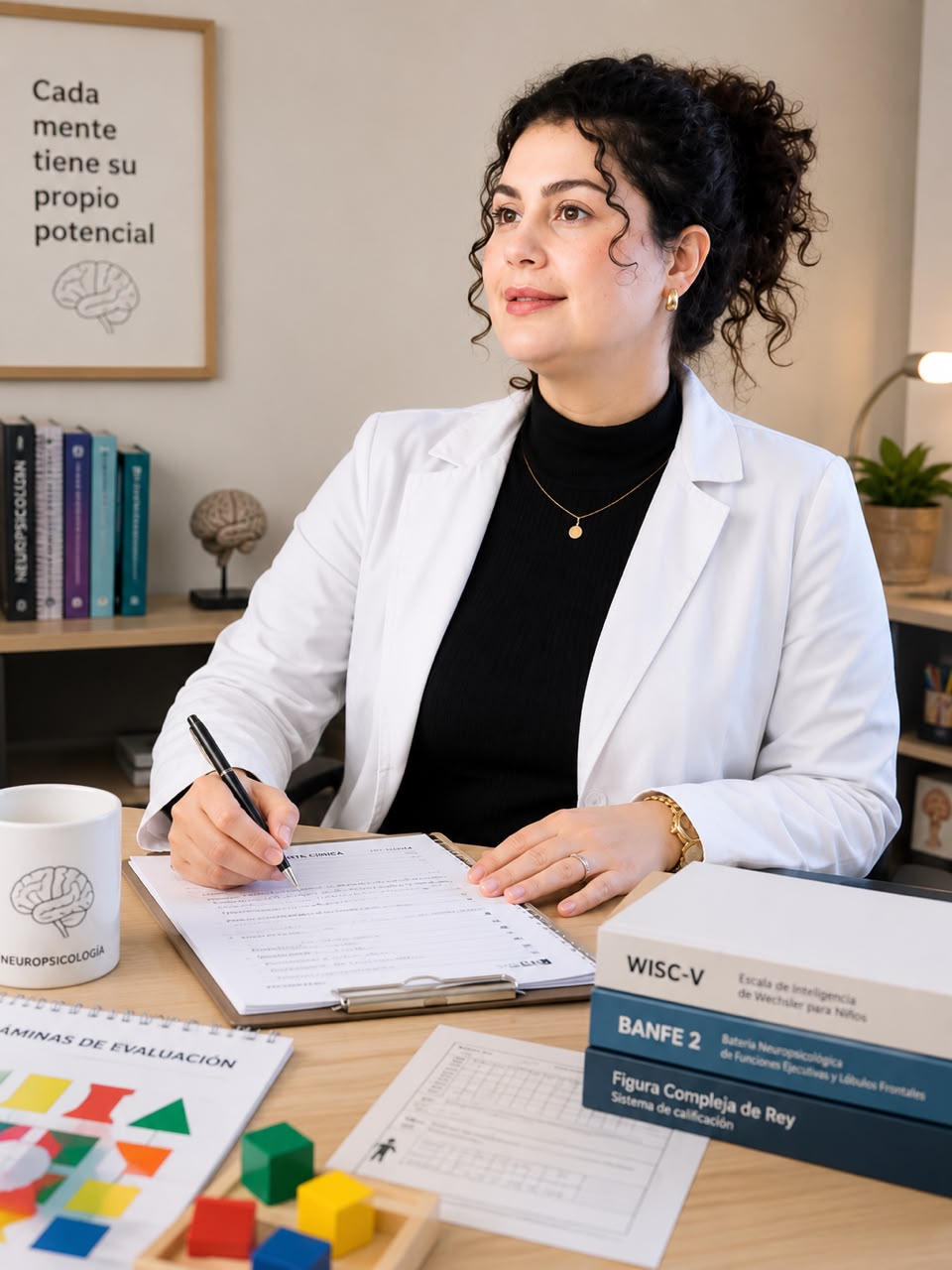 Psic. Hanny García en su consultorio, revisando un protocolo de evaluación neuropsicológica